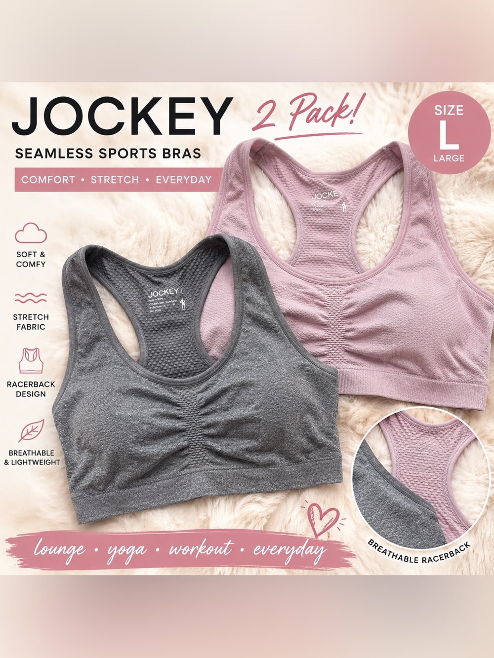 2 Pack Jockey Seamless Sports Bras Pink Gray Racerback Comfort Bras Large